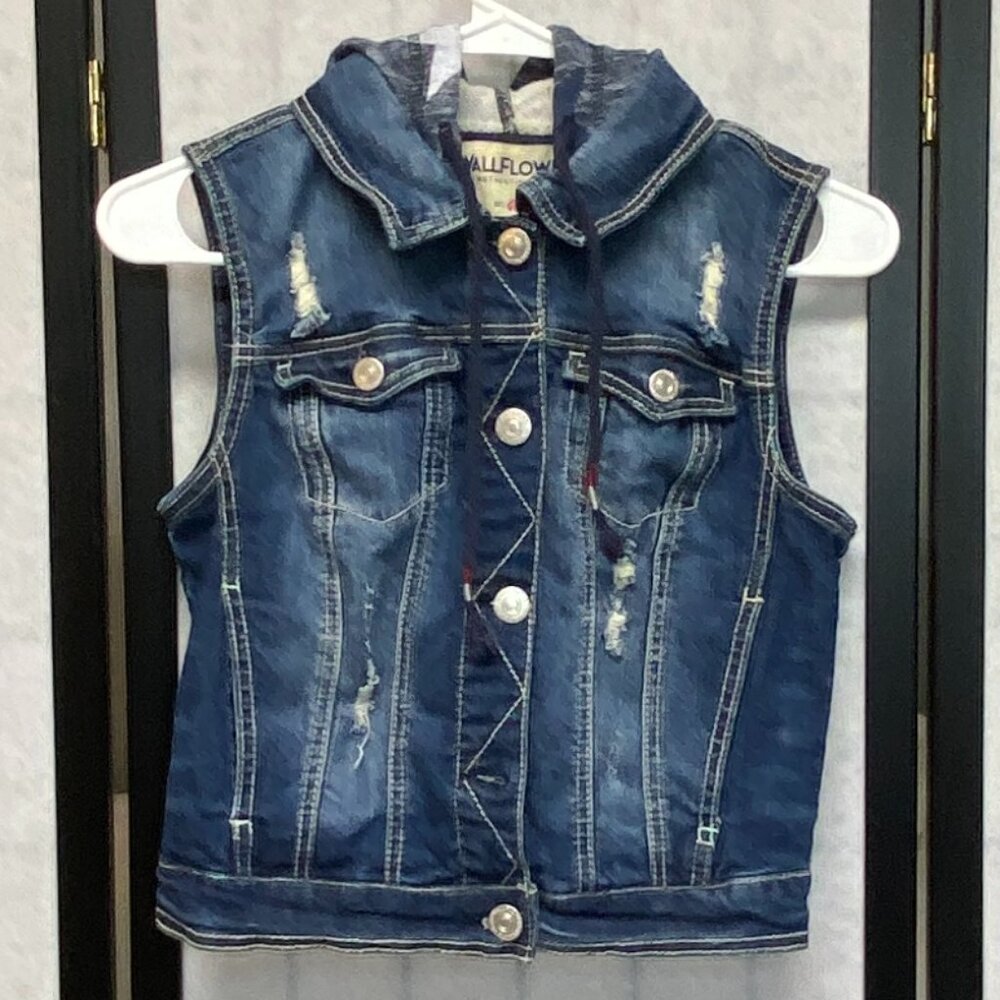 Wallflower Hooded Distressed Denim Vest S Medium Wash Casual Buttonup Y2K Grunge